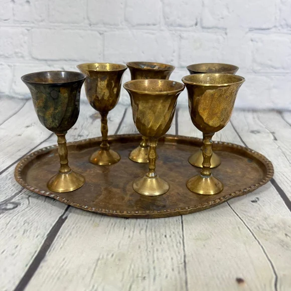 Vintage Brass Goblet Set with Tray - Picture 3 of 11